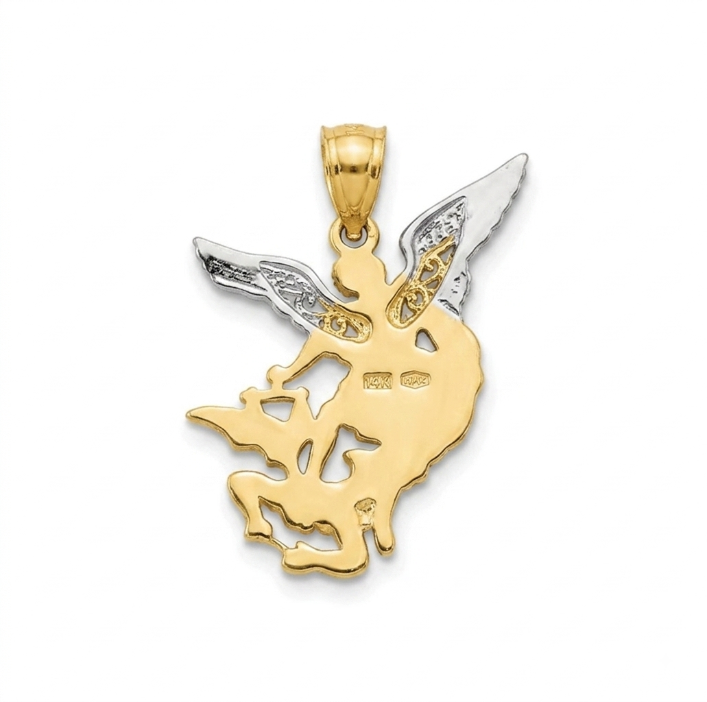 Solid 14k Gold Two Tone Archangel and Rope Chain Necklace Set