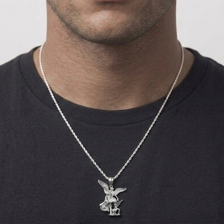 Real Solid 925 Silver Archangel Pendant and Chain Set