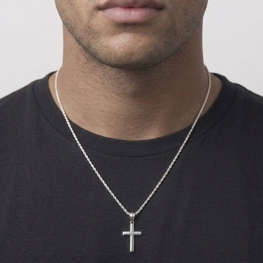 Real Solid 925 Silver Cross and Rope Chain Set