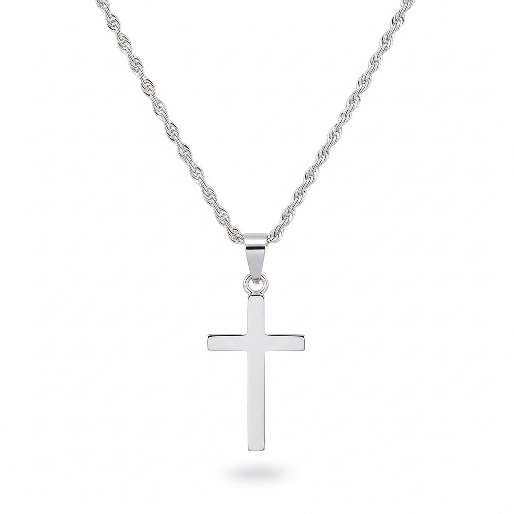 Real Solid 925 Silver Cross and Rope Chain Set