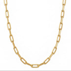 A gold paperclip chain necklace displayed against a solid white background.