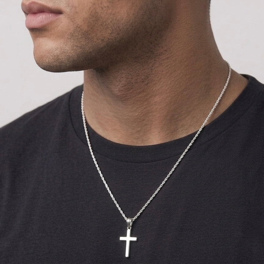 Real Solid 925 Silver Cross and Rope Chain Set