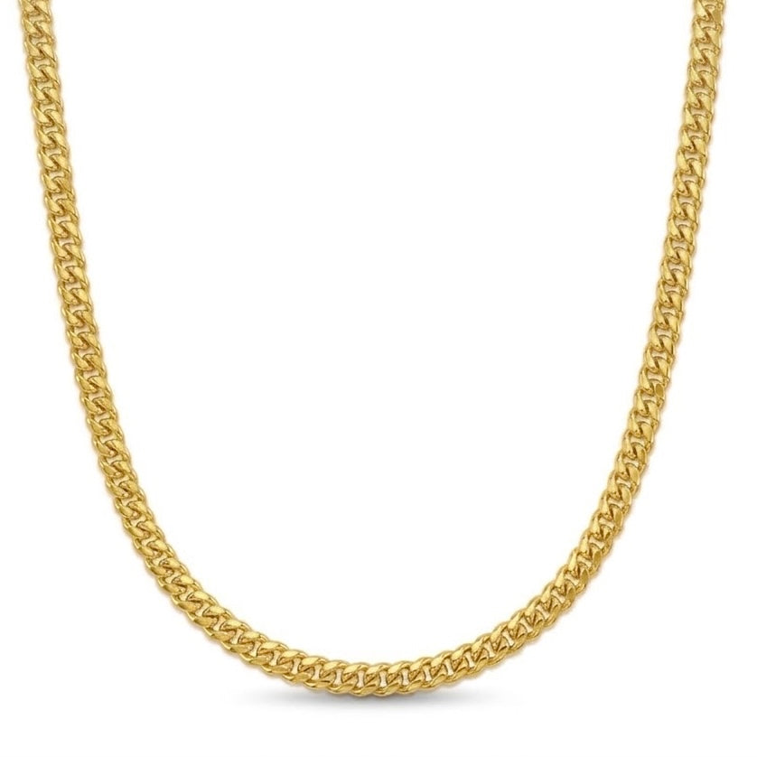 A gold-toned Cuban link chain necklace shown against a plain white background.