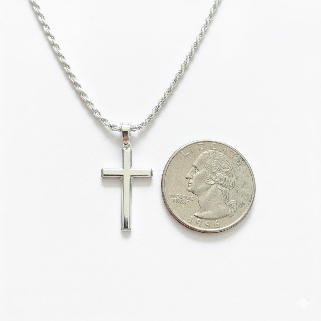 Real Solid 925 Silver Cross and Rope Chain Set