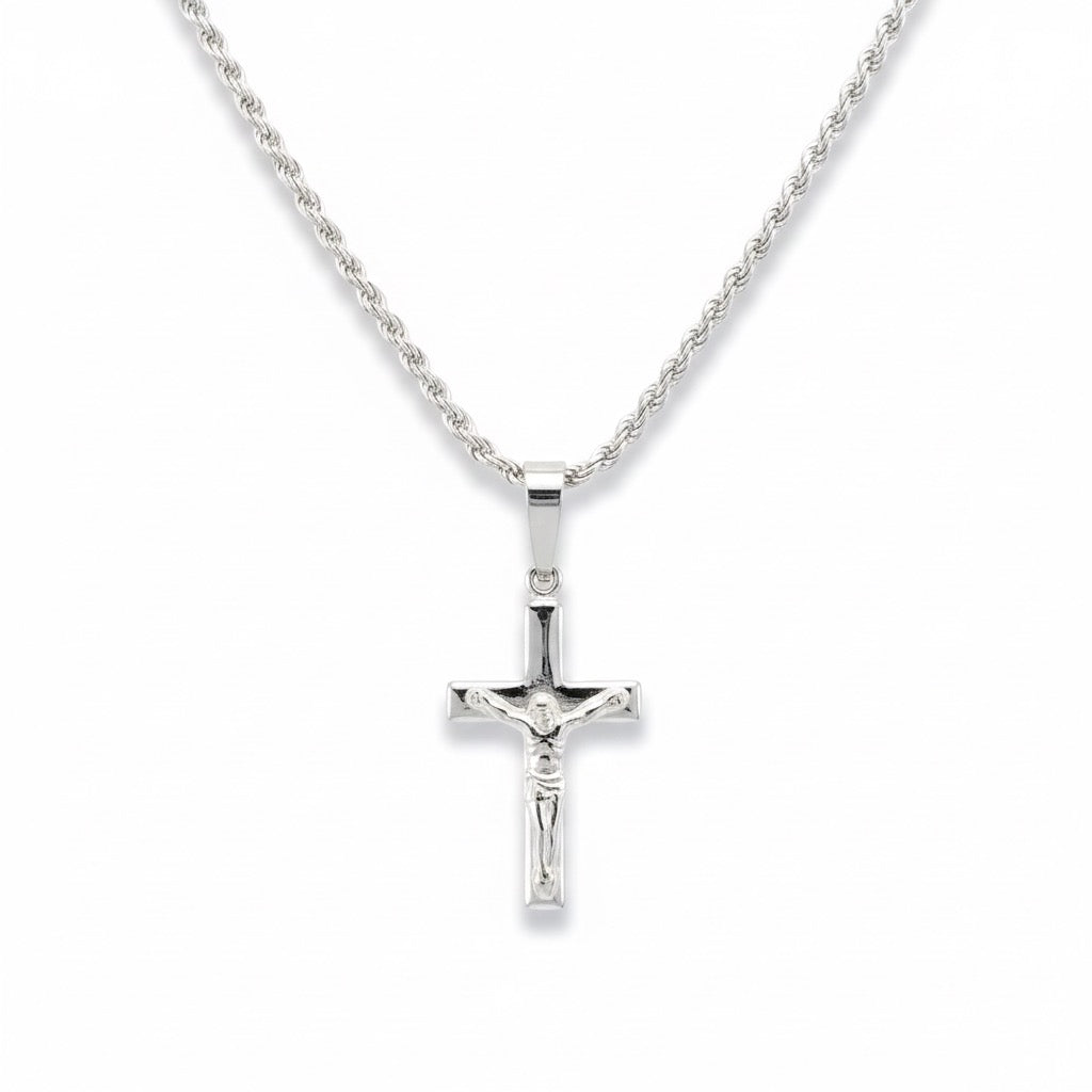 Real Solid 925 Silver Cross and Rope Chain Set