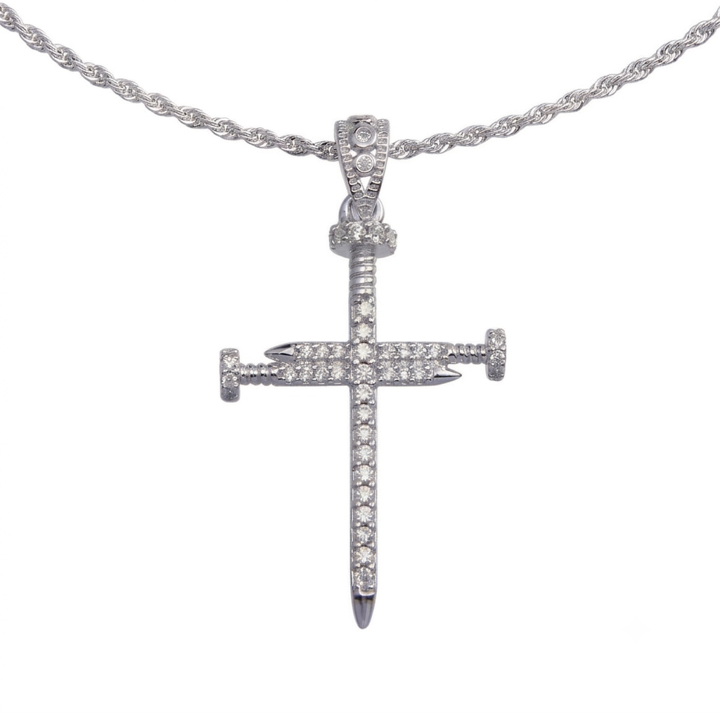 Real Solid 925 Silver Moissanite Nail Cross and Chain Set
