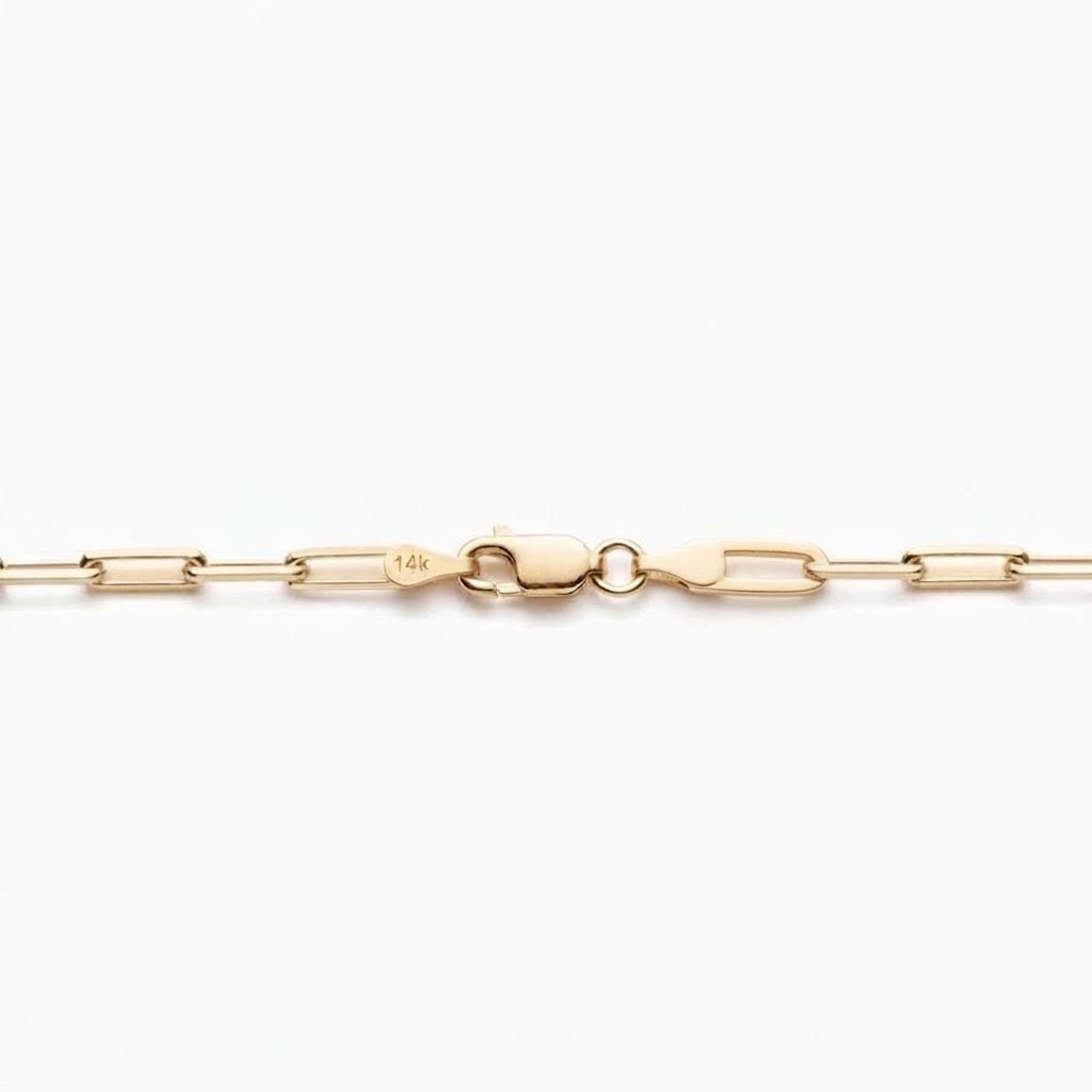 A close-up of a yellow gold chain necklace showing the lobster clasp and paperclip links against a clean white background.