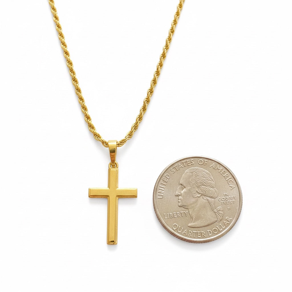 14k Gold Vermeil Cross and Rope Chain Set