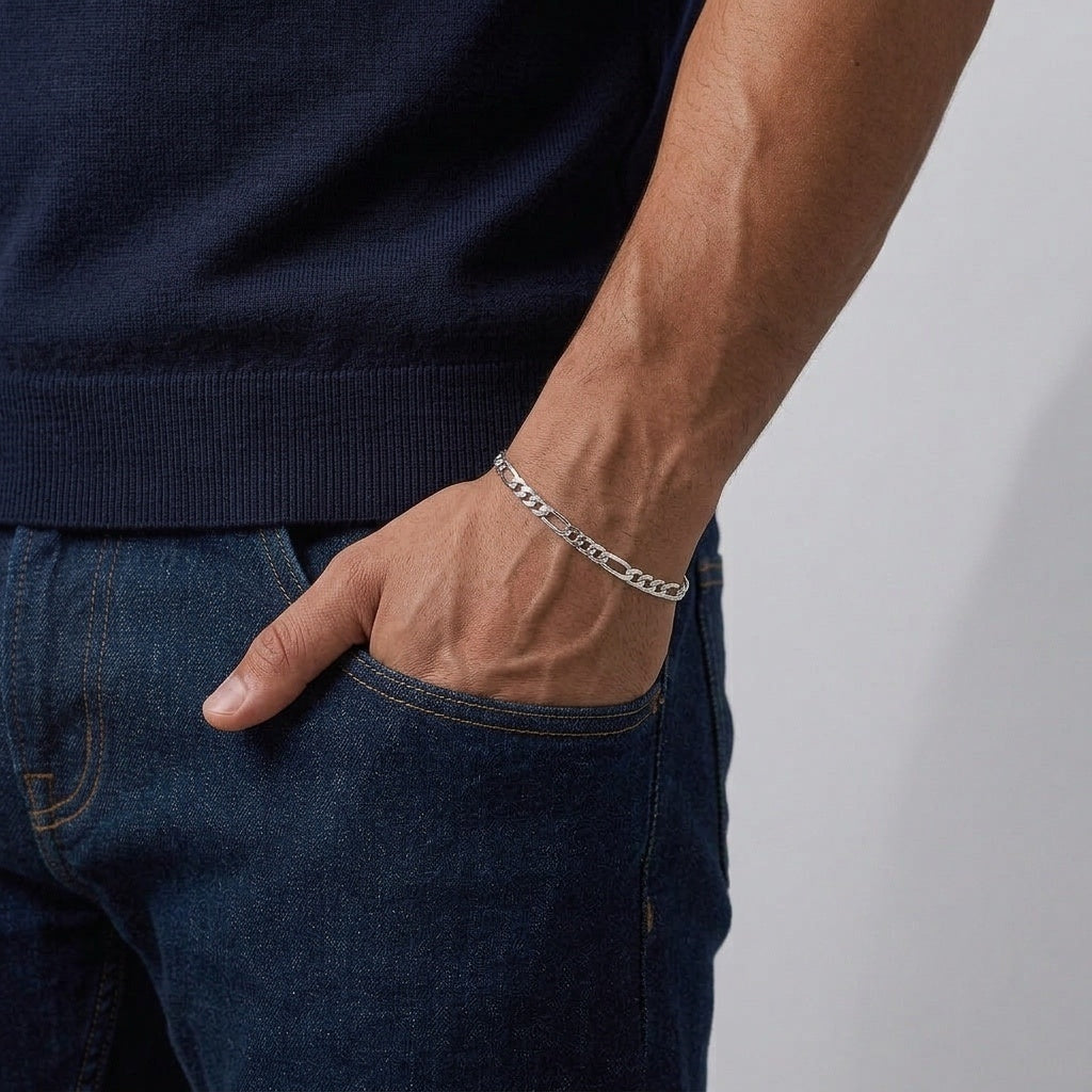 Real Solid 925 Silver Figaro Bracelet 5mm 8in
