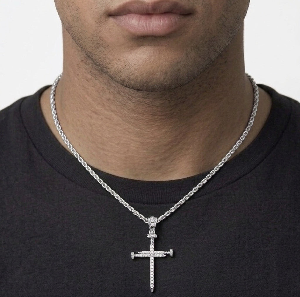 Real Solid 925 Silver Moissanite Nail Cross and Chain Set