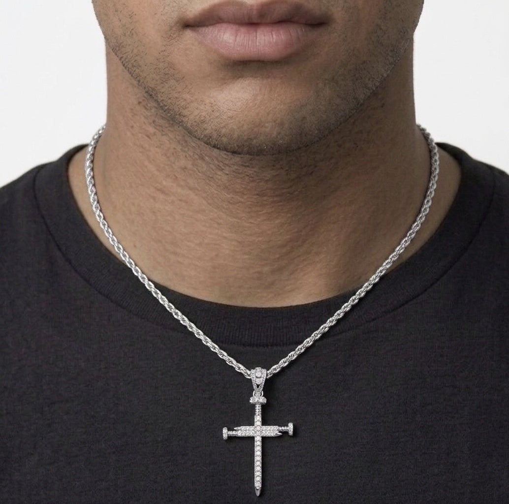Real Solid 925 Silver Moissanite Nail Cross and Chain Set