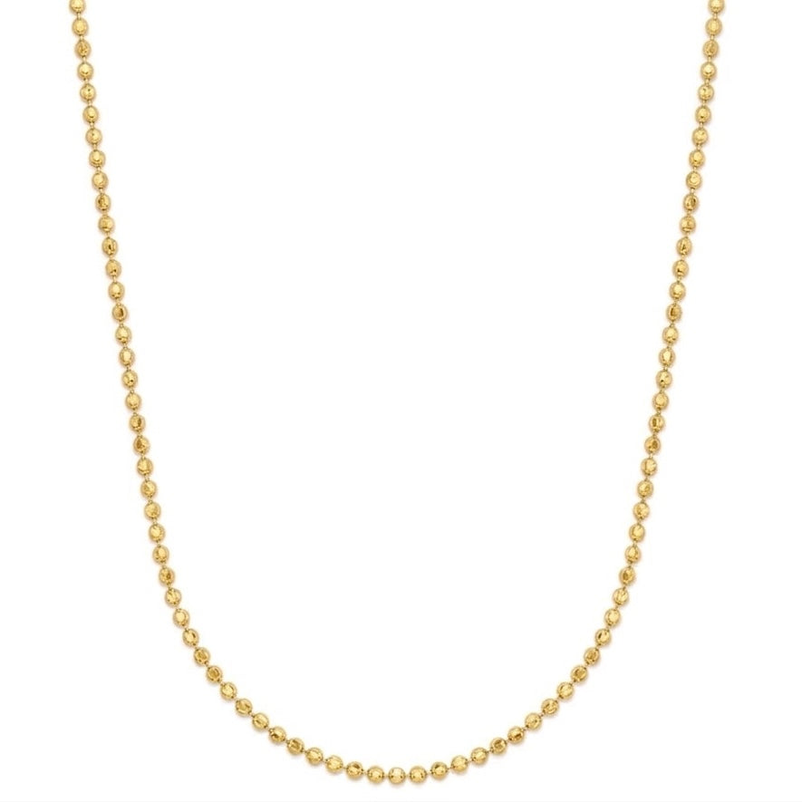 A delicate gold beaded necklace with small, faceted round beads, shown against a plain white background.