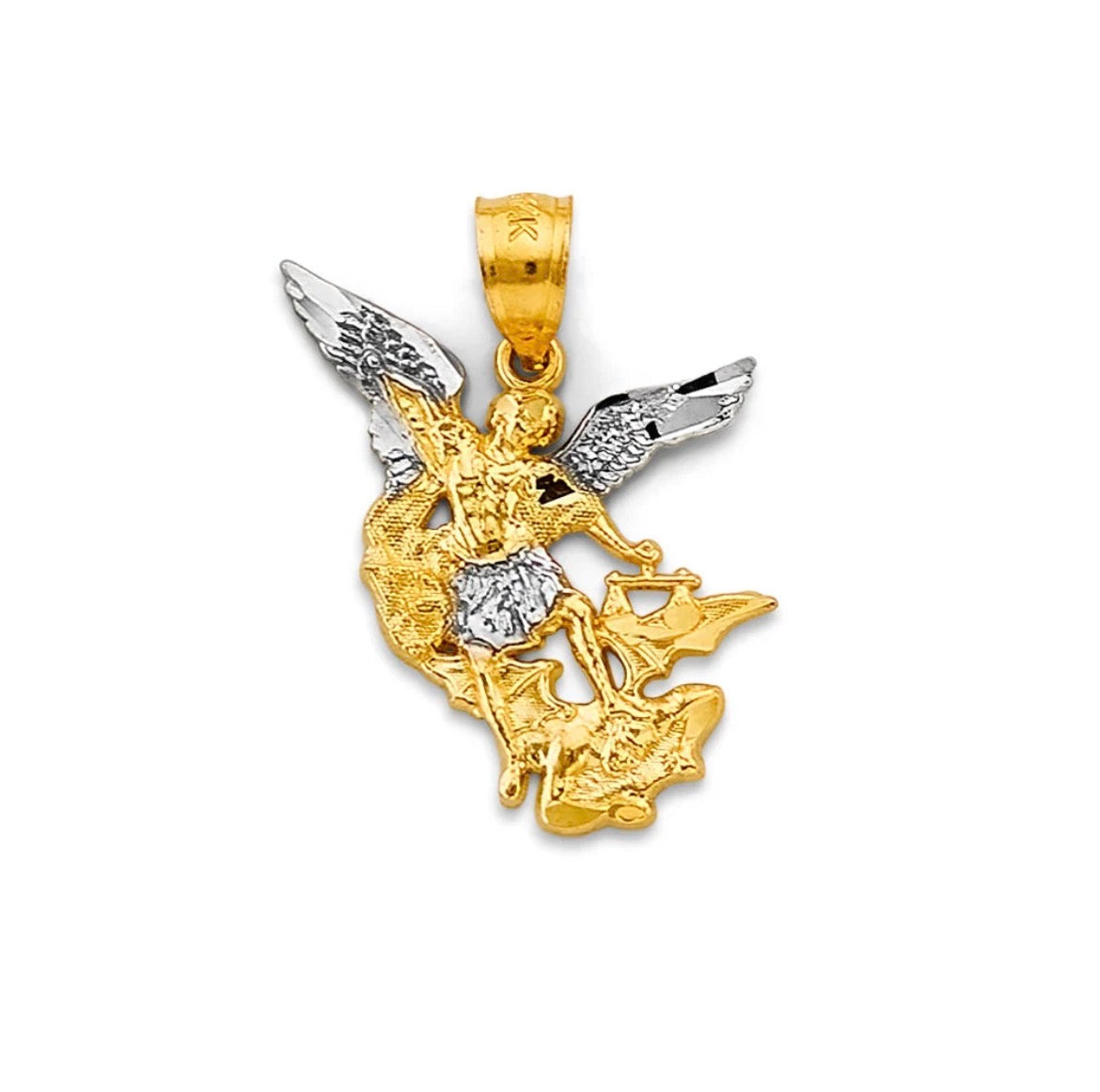 Solid 14k Gold Two Tone Archangel and Rope Chain Necklace Set