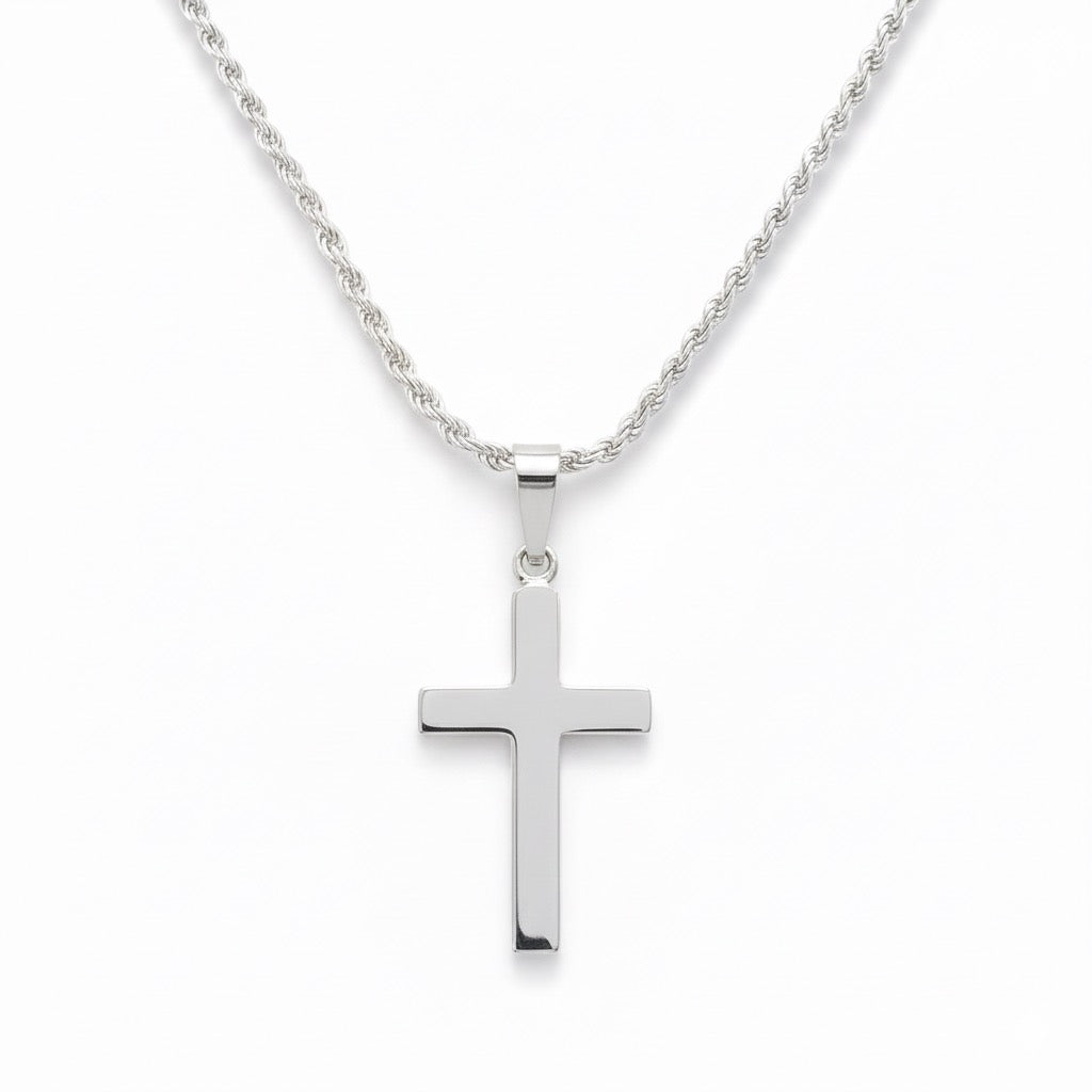 Real Solid 925 Silver Cross and Rope Chain Set