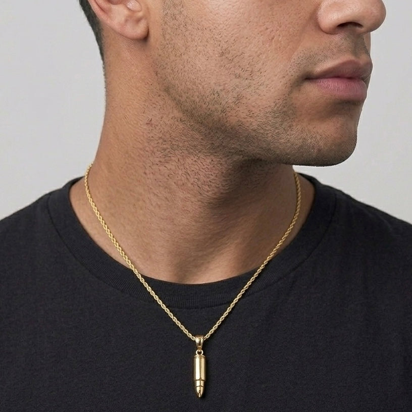 Solid 14k Gold Bullet and Rope Chain Necklace Set