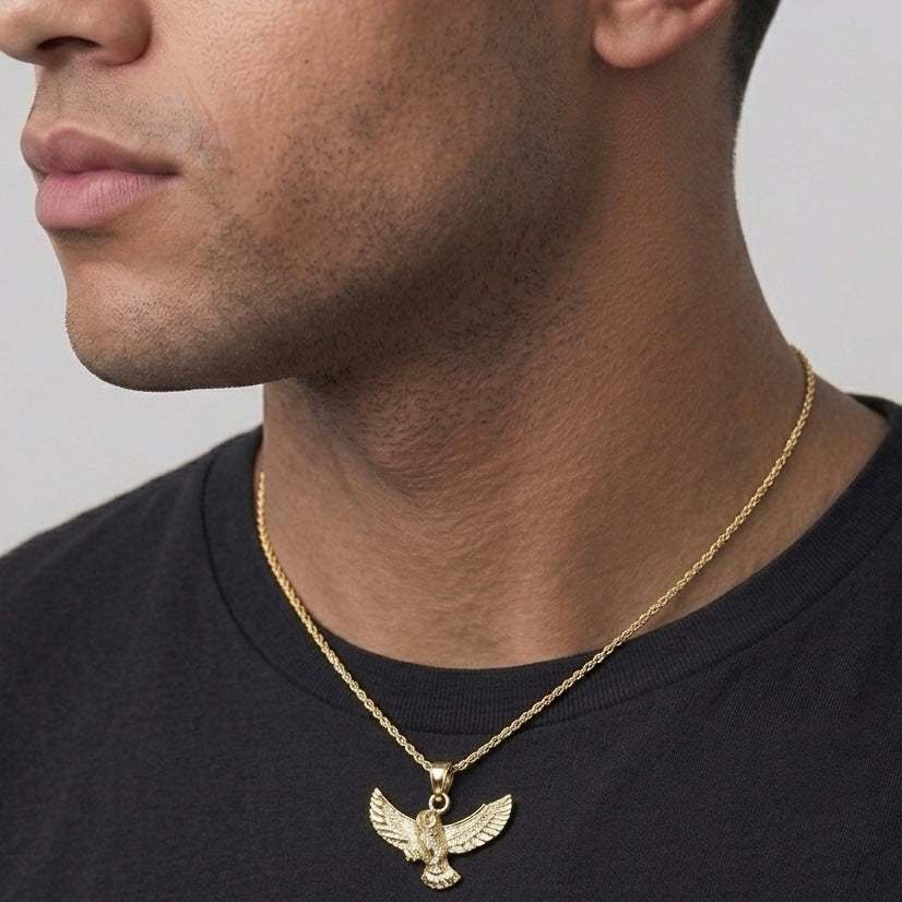 Solid 14k Gold Flying Owl and Rope Chain Necklace Set