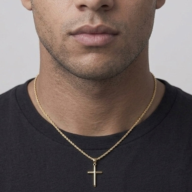 Solid 14k Gold Cross and Rope Chain Necklace Set