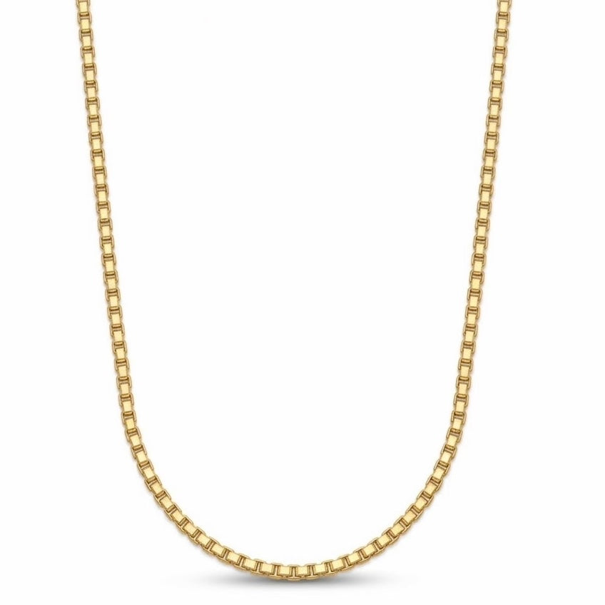 A gold box chain necklace shown in a clean studio shot against a white background.