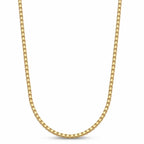 A gold box chain necklace shown in a clean studio shot against a white background.