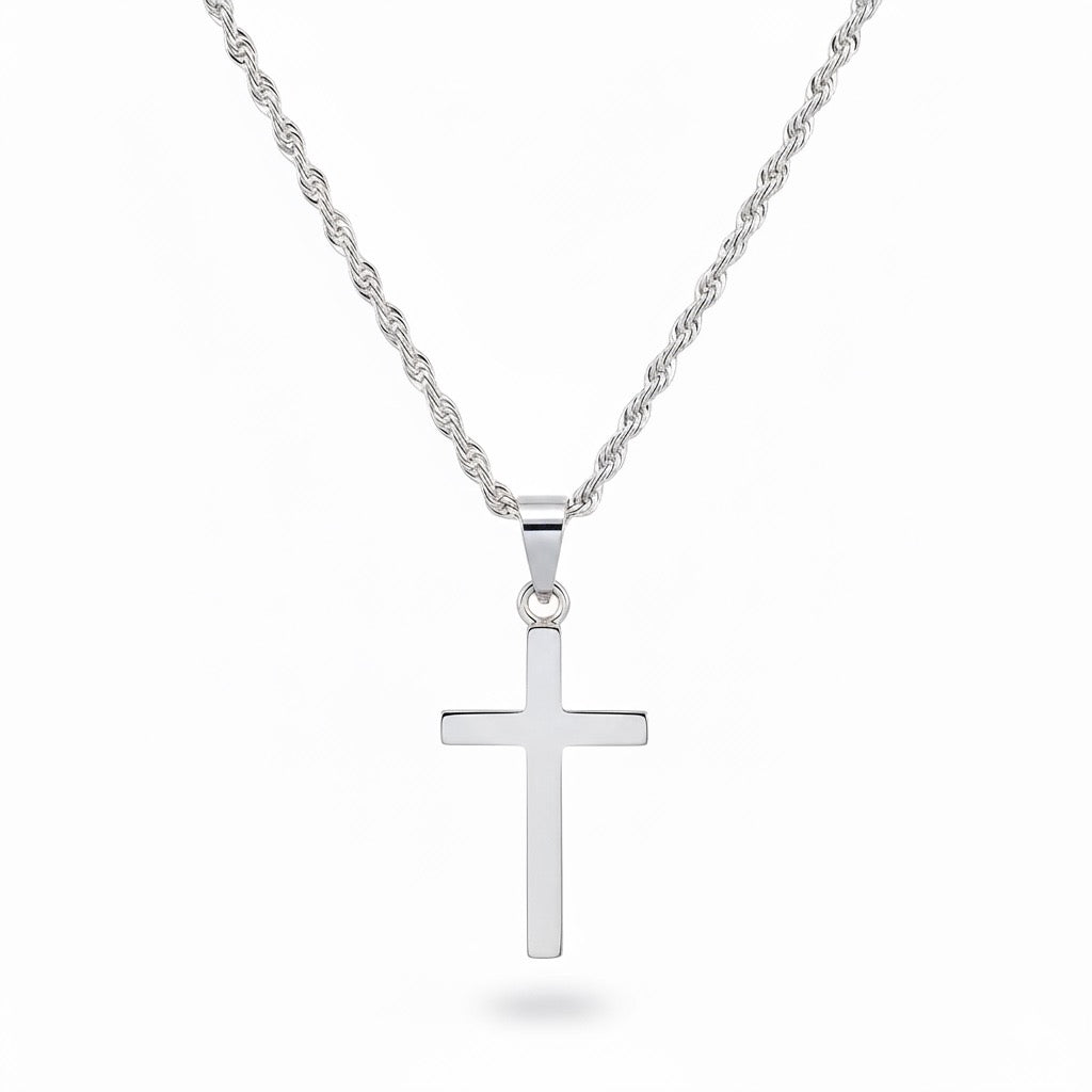 Real Solid 925 Silver Cross and Rope Chain Set