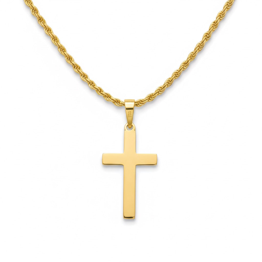 14k Gold Vermeil Cross and Rope Chain Set