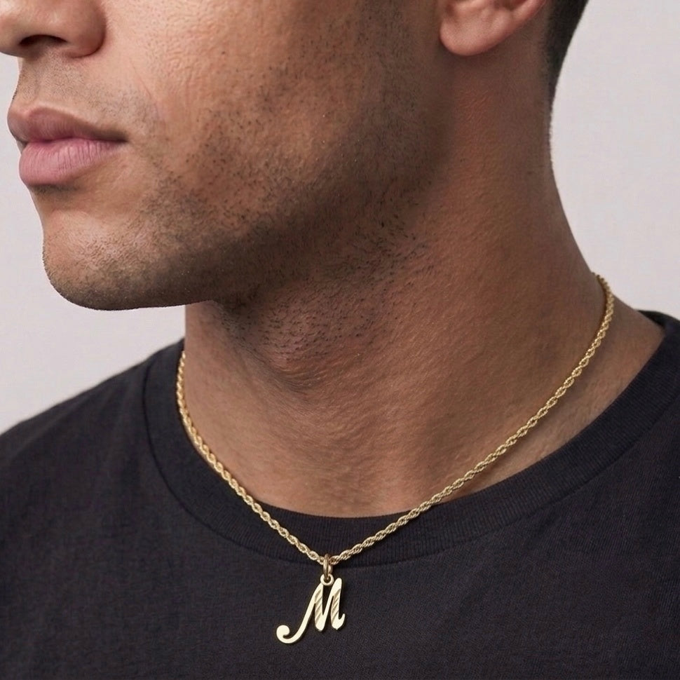 Solid 14k Gold Initial and Rope Chain Necklace Set