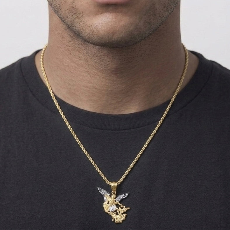 Solid 14k Gold Two Tone Archangel and Rope Chain Necklace Set