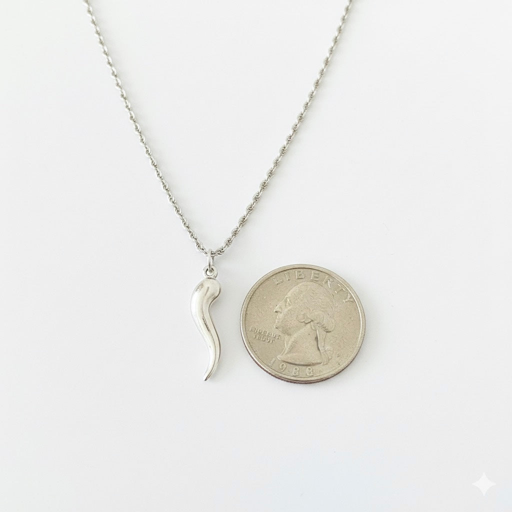 14k Solid White Gold Italian Horn and Chain Set
