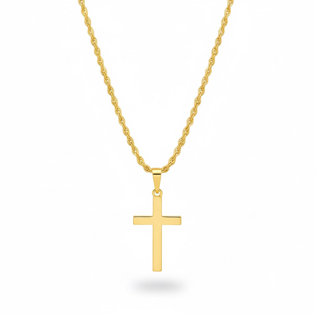 14k Gold Vermeil Cross and Rope Chain Set
