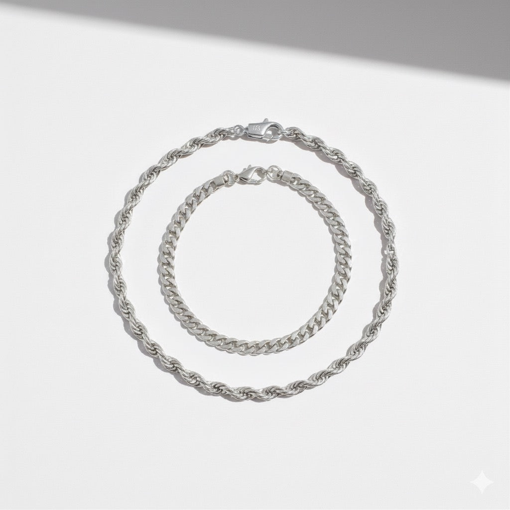 Set aus massivem Silberseil und kubanischem Armband