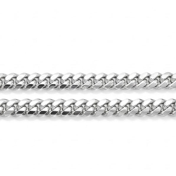 A close-up of a polished silver-tone Cuban link chain shown horizontally against a plain white background.