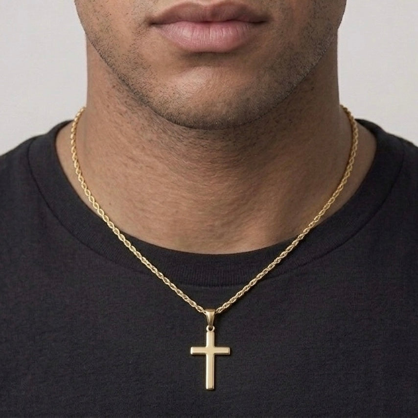 14k Gold Vermeil Cross and Rope Chain Set