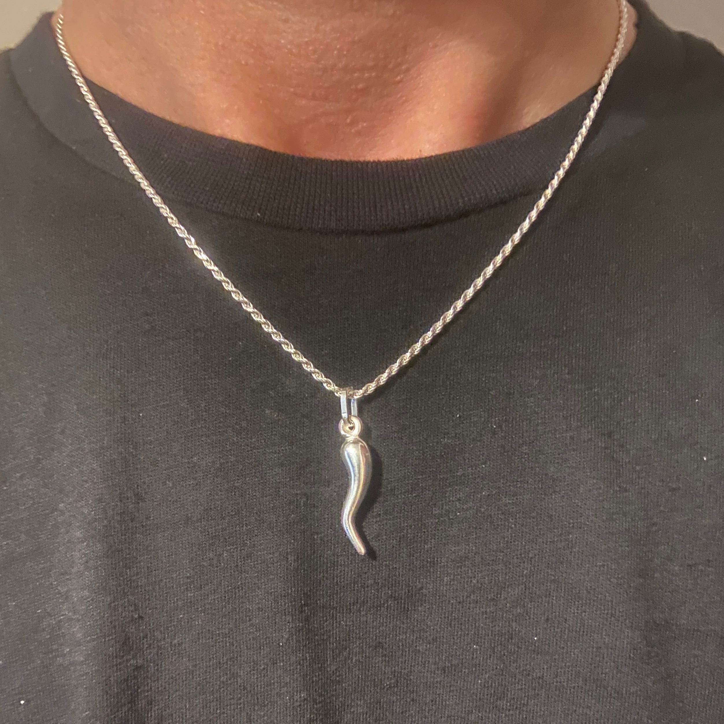 Real Solid 925 Silver Italian Horn Necklace