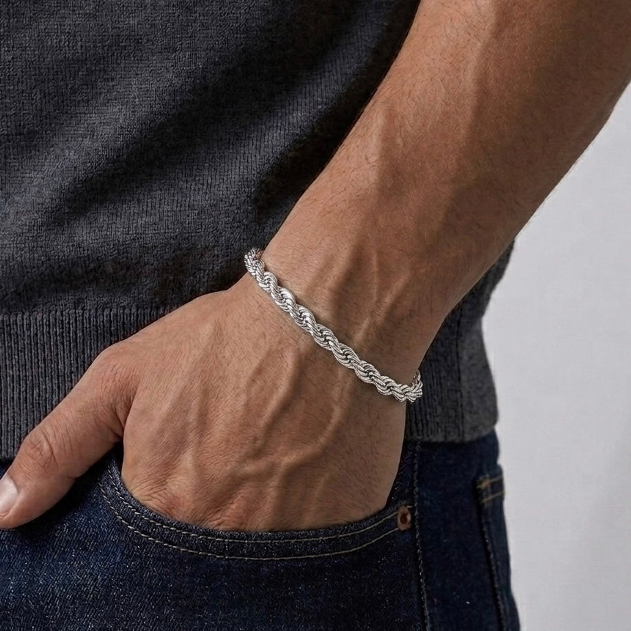 Real Solid 925 Silver Thick Rope Bracelet 6mm