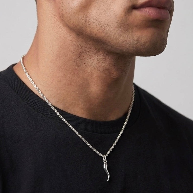 Real Solid 925 Silver Italian Horn Necklace