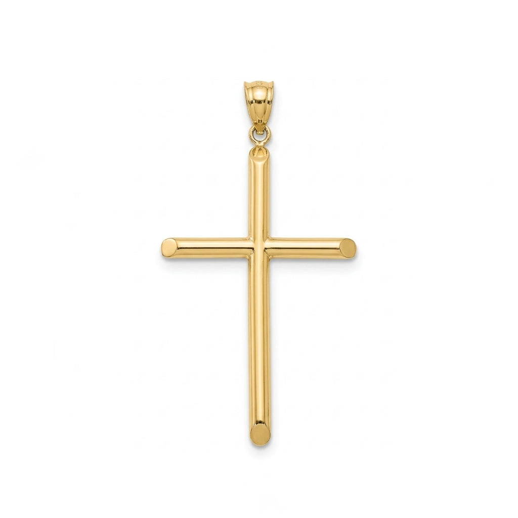 A polished yellow gold cross pendant with a smooth, matte-finish body and a small bail at the top, shown on a plain white background.
