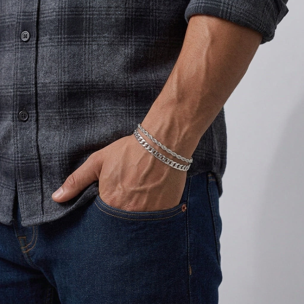Real Solid 925 Silver Rope and Cuban Bracelet Set