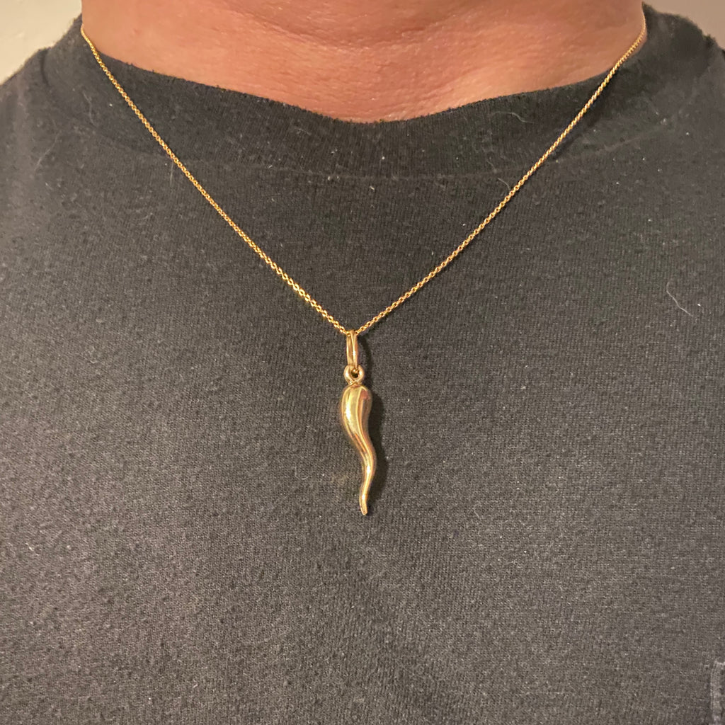 Solid Real 14k Yellow Gold Italian Horn and Chain Set - Prestige Jewelry